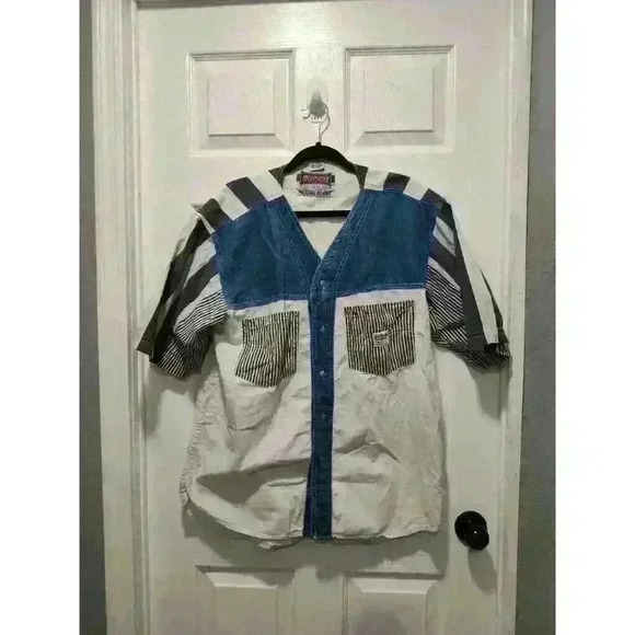 Vintage SOCCO Denim Shirt Adult Medium Blue White Retro 90's Button Short Sleeve - Picture 1 of 7